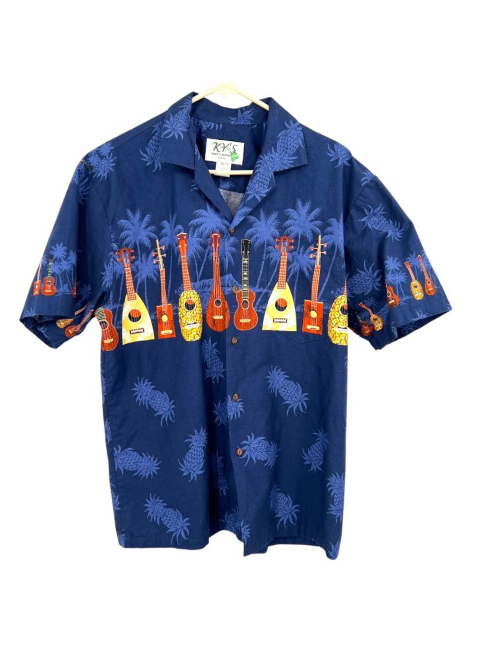KY's Ukulele Collection Hawaiian Shirt Blue Multicolor Size Large Made in Hawaii